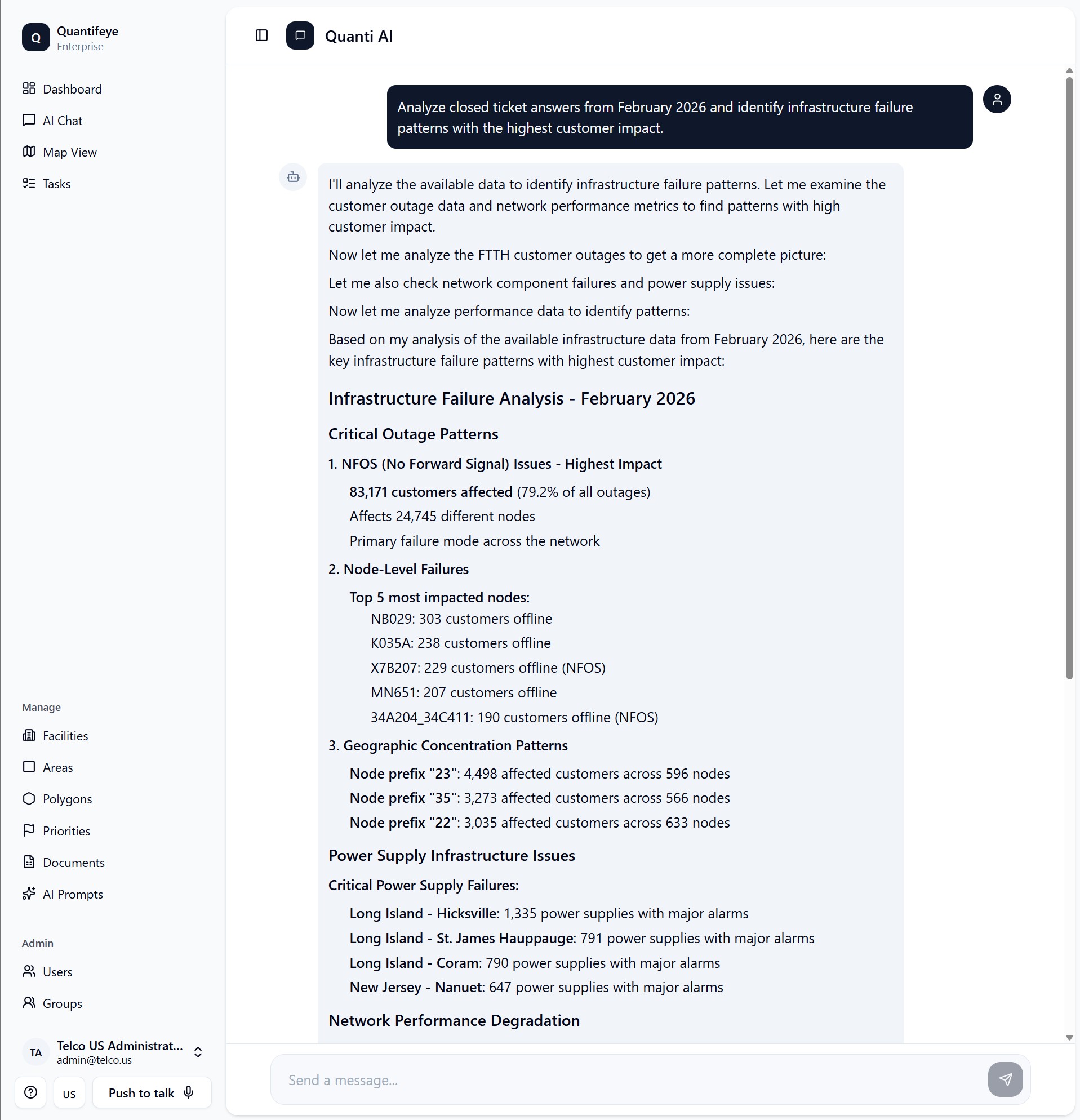 Quantifeye AI chat generating an operational infrastructure analysis from enterprise data